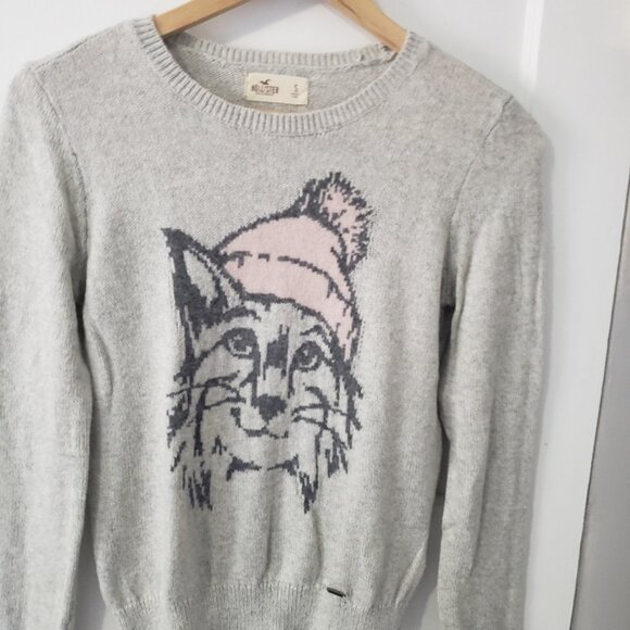 Hollister Y2K Cat Beanie Hat Graphic Soft Knit Pullover Sweater Gray Sz S - Picture 2 of 10